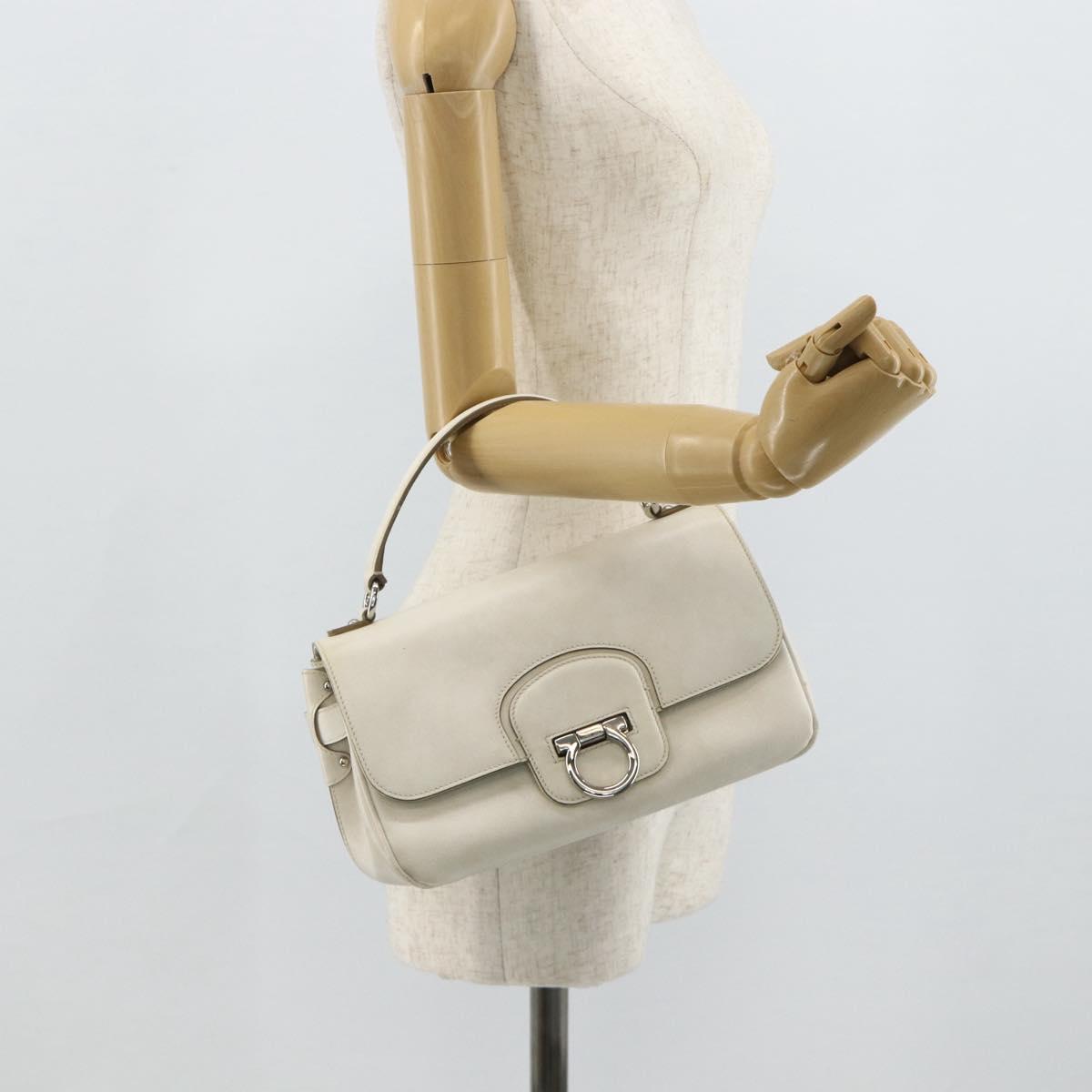 Salvatore Ferragamo Gancini Hand Bag Leather White Silver Auth 177310A
