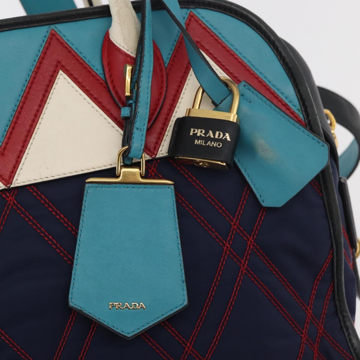 PRADA Graphic Quilt Hand Bag Leather Nylon 2way Navy Gold Auth 177317A