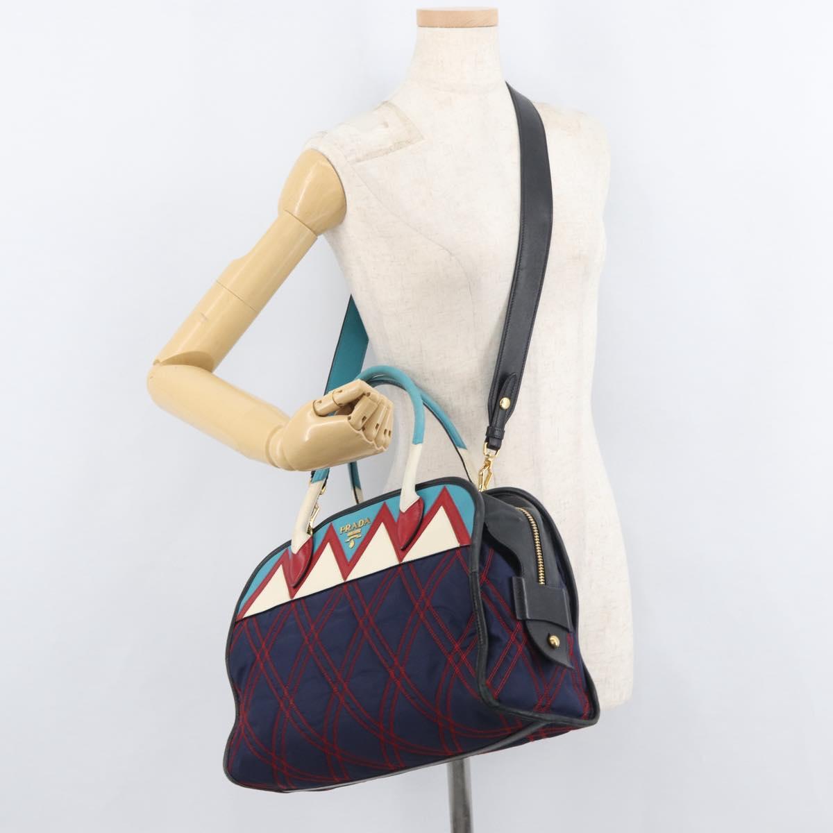 PRADA Graphic Quilt Hand Bag Leather Nylon 2way Navy Gold Auth 177317A