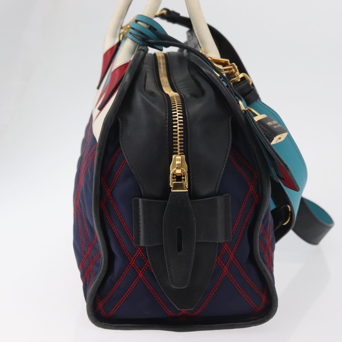 PRADA Graphic Quilt Hand Bag Leather Nylon 2way Navy Gold Auth 177317A