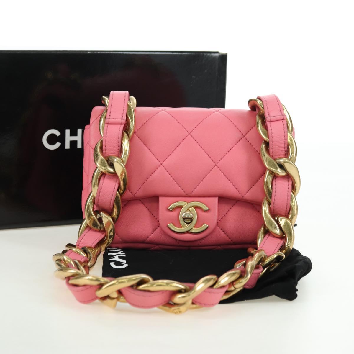 CHANEL Matelasse Chain Shoulder Bag Lamb Skin Pink Gold CC Auth 177321SAM