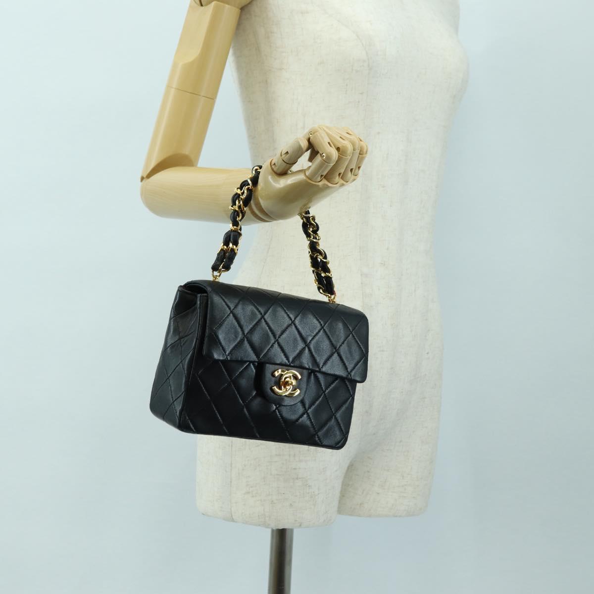 CHANEL Matelasse Chain Hand Bag Lamb Skin Black Gold CC Auth 177323SM