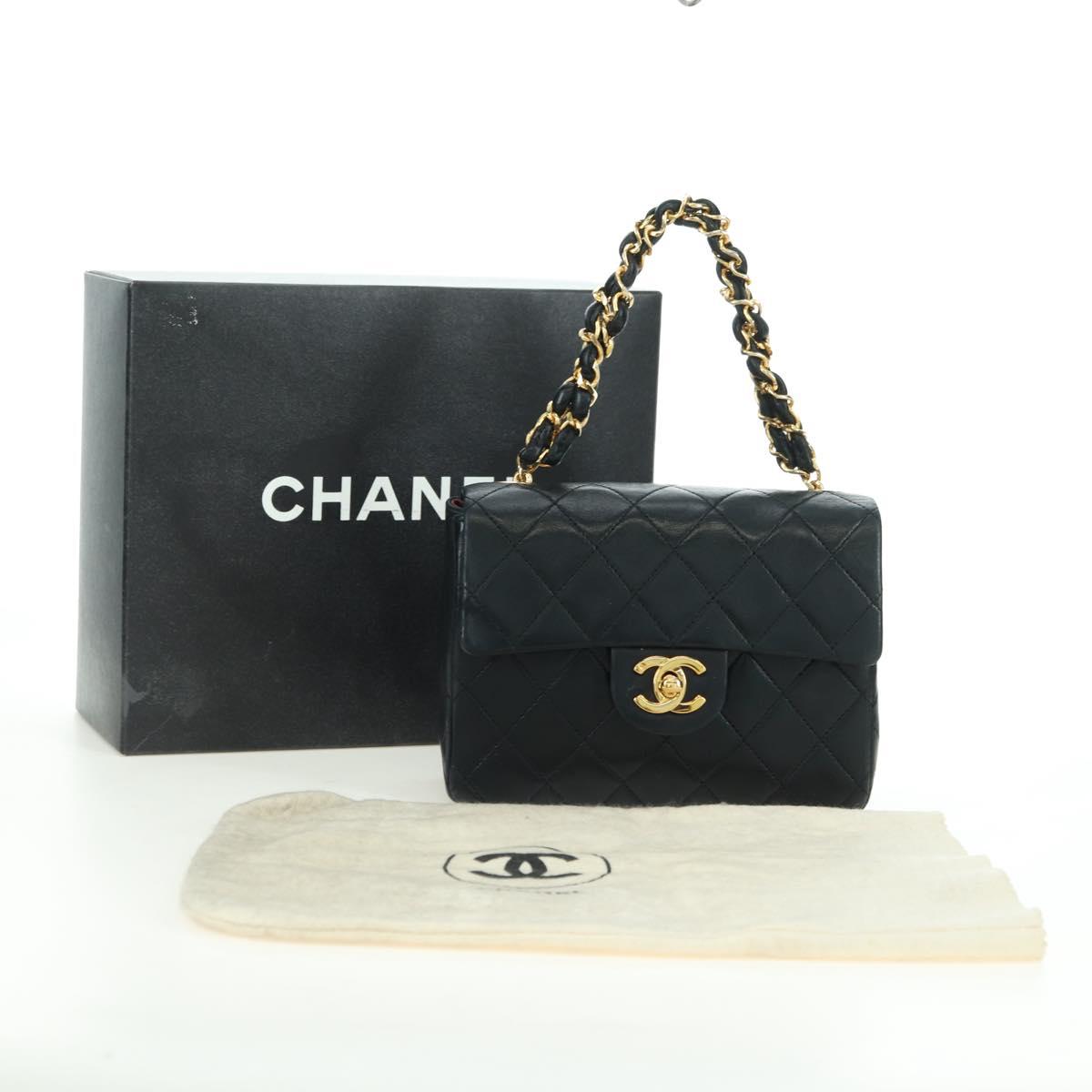 CHANEL Matelasse Chain Hand Bag Lamb Skin Black Gold CC Auth 177323SM