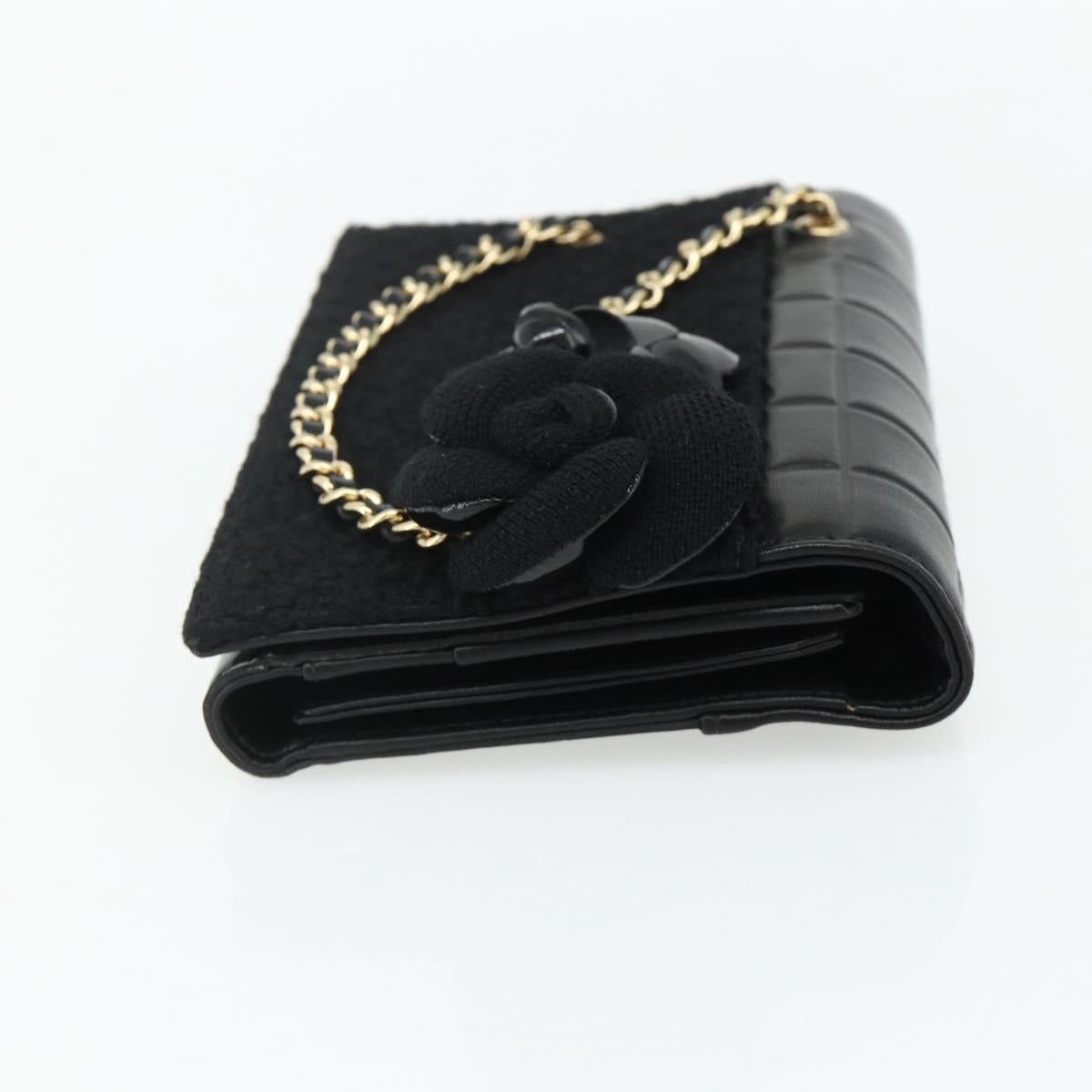 CHANEL Choco Bar Camelia Clutch Bag Lamb Skin Black Gold CC Auth 177325A