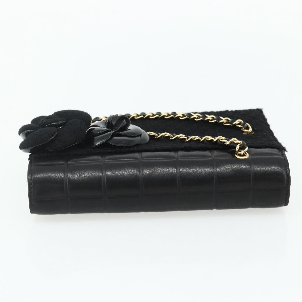 CHANEL Choco Bar Camelia Clutch Bag Lamb Skin Black Gold CC Auth 177325A