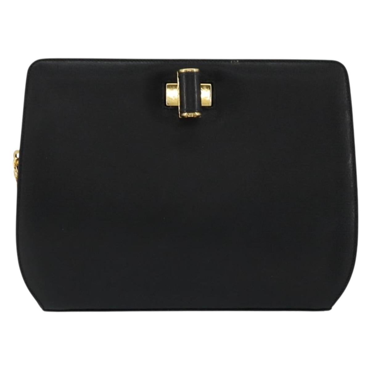 Salvatore Ferragamo Chain Shoulder Bag Leather Black Gold Auth 177335A