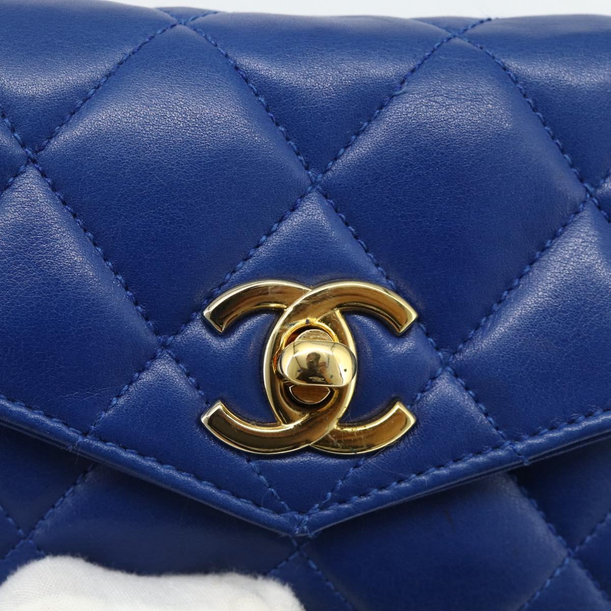 CHANEL Matelasse Pouch Lamb Skin Blue Gold CC Auth 177338