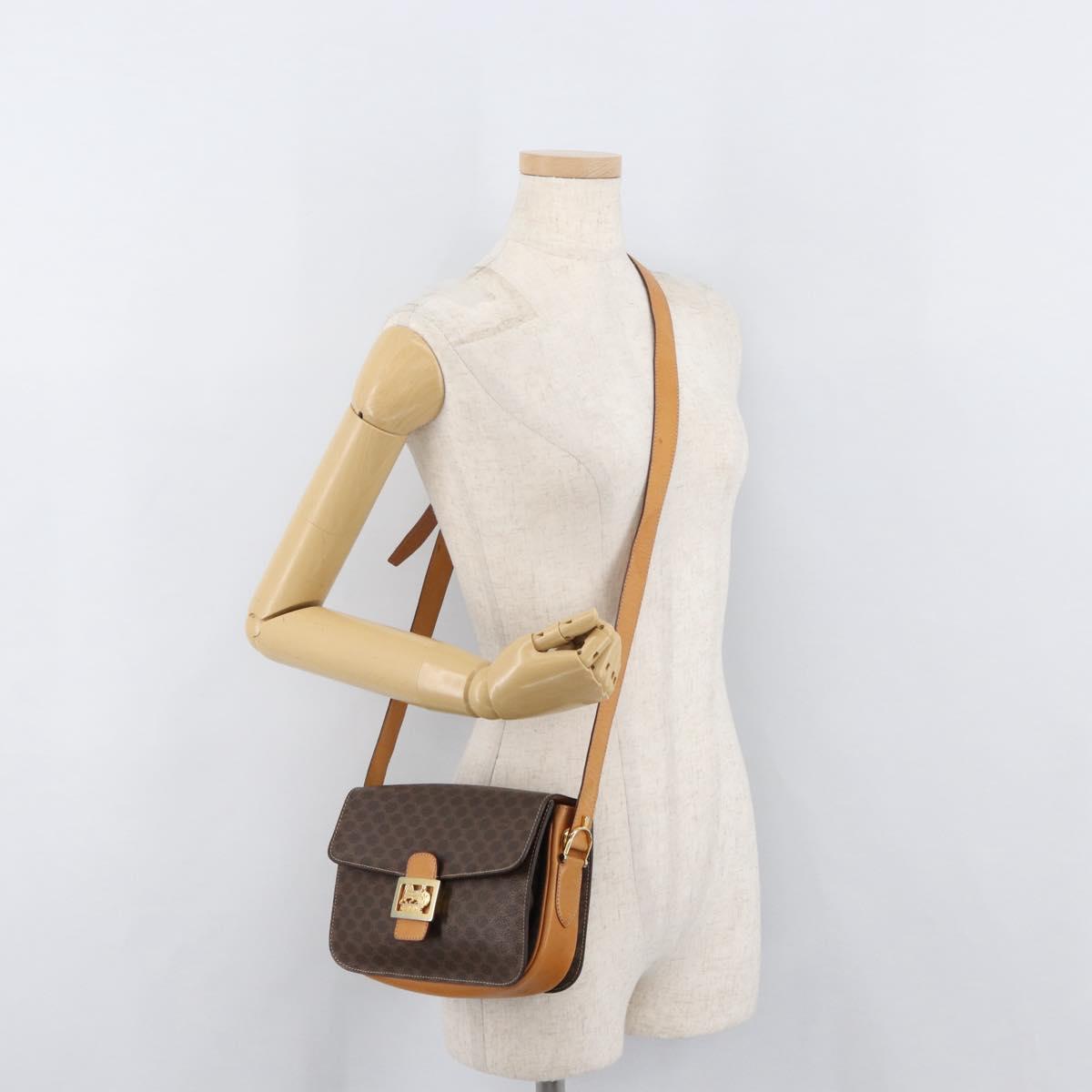 CELINE Macadam Canvas Horse Carriage Bag PVC Leather Brown Gold Auth 177443A