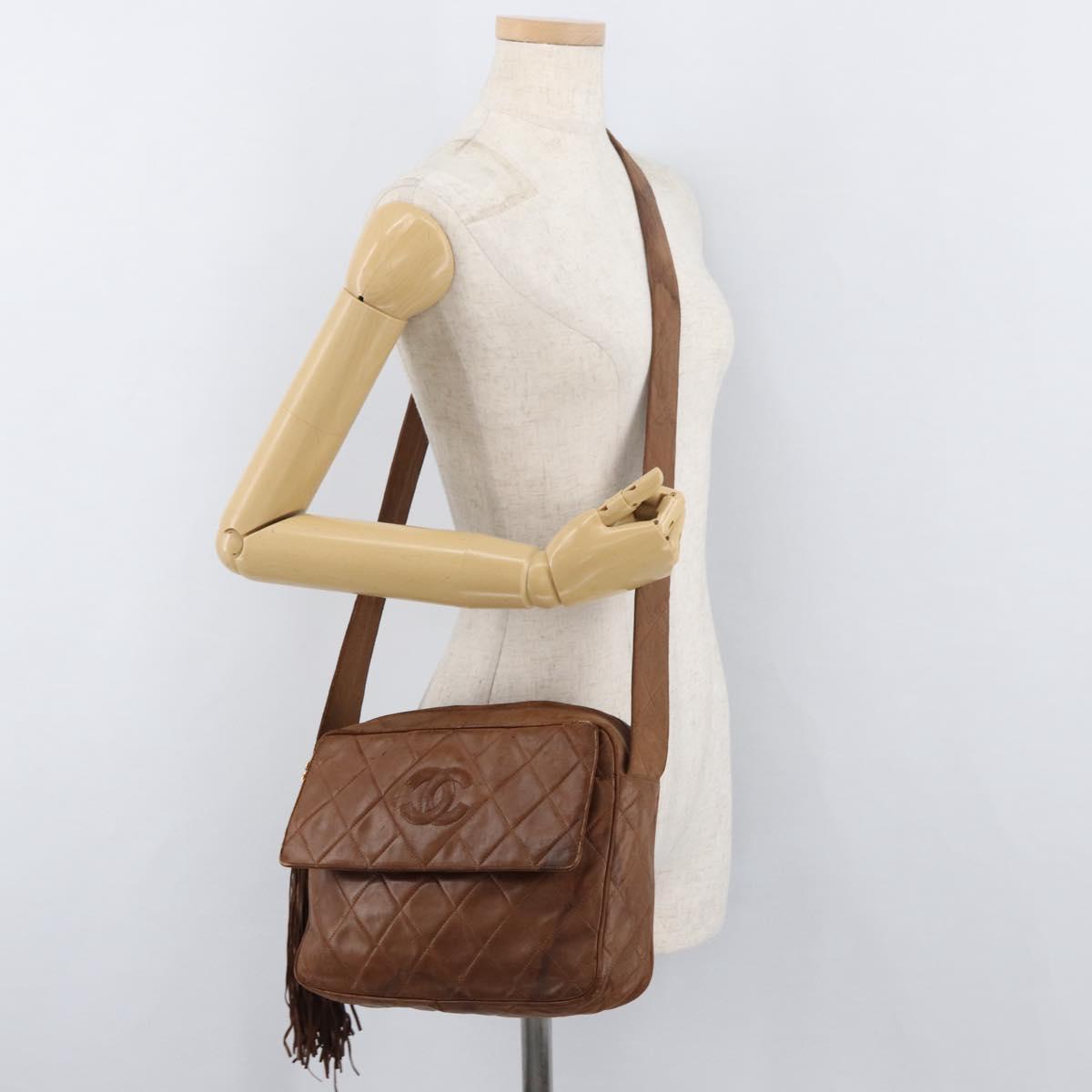 CHANEL Matelasse Chain Shoulder Bag Lamb Skin Brown Gold CC Auth 177452