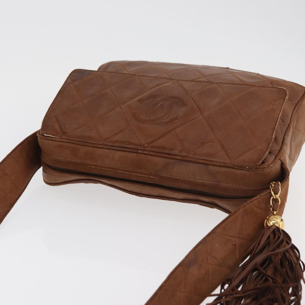 CHANEL Matelasse Chain Shoulder Bag Lamb Skin Brown Gold CC Auth 177452