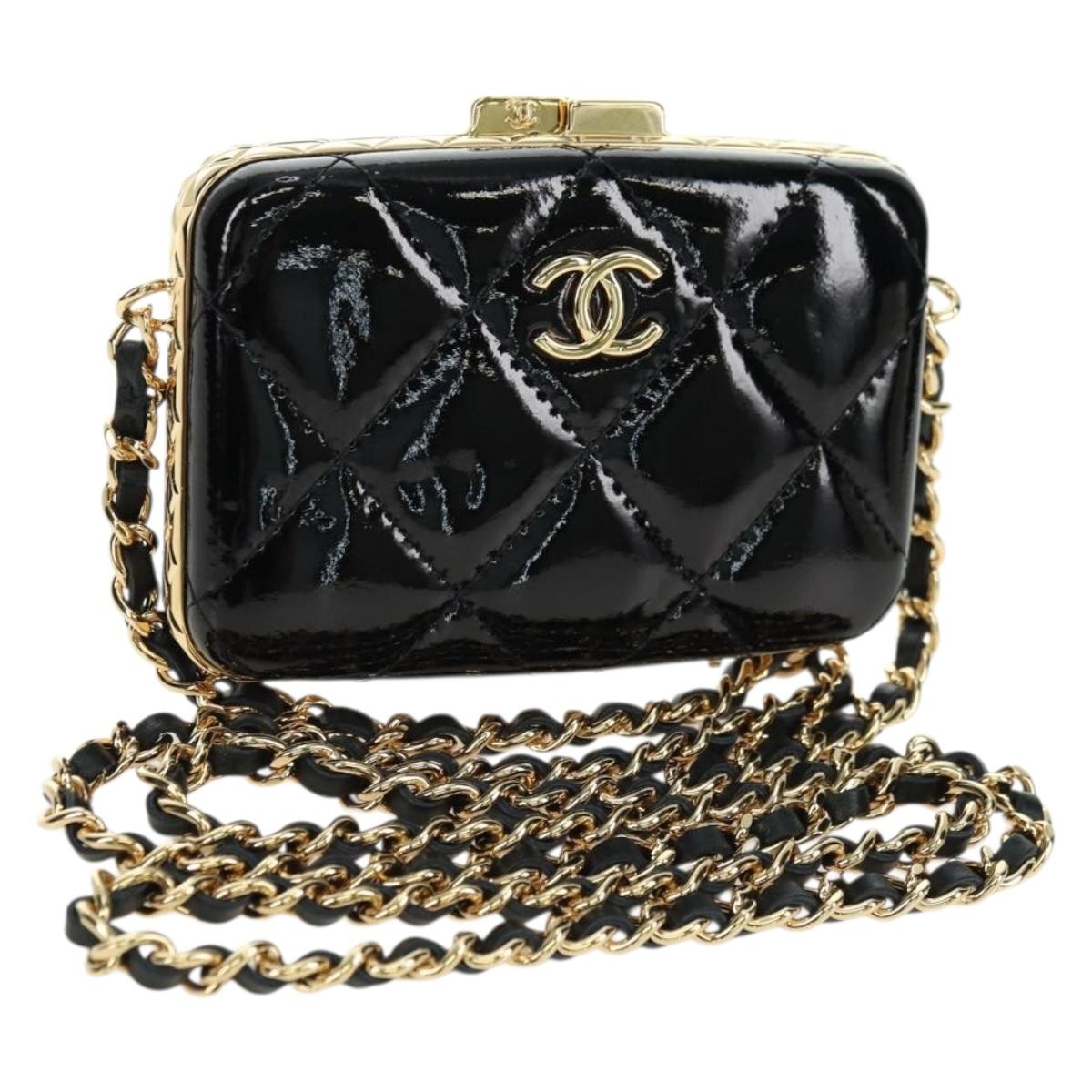 CHANEL Matelasse Chain Shoulder Bag Patent leather Black Gold CC Auth 177455SM