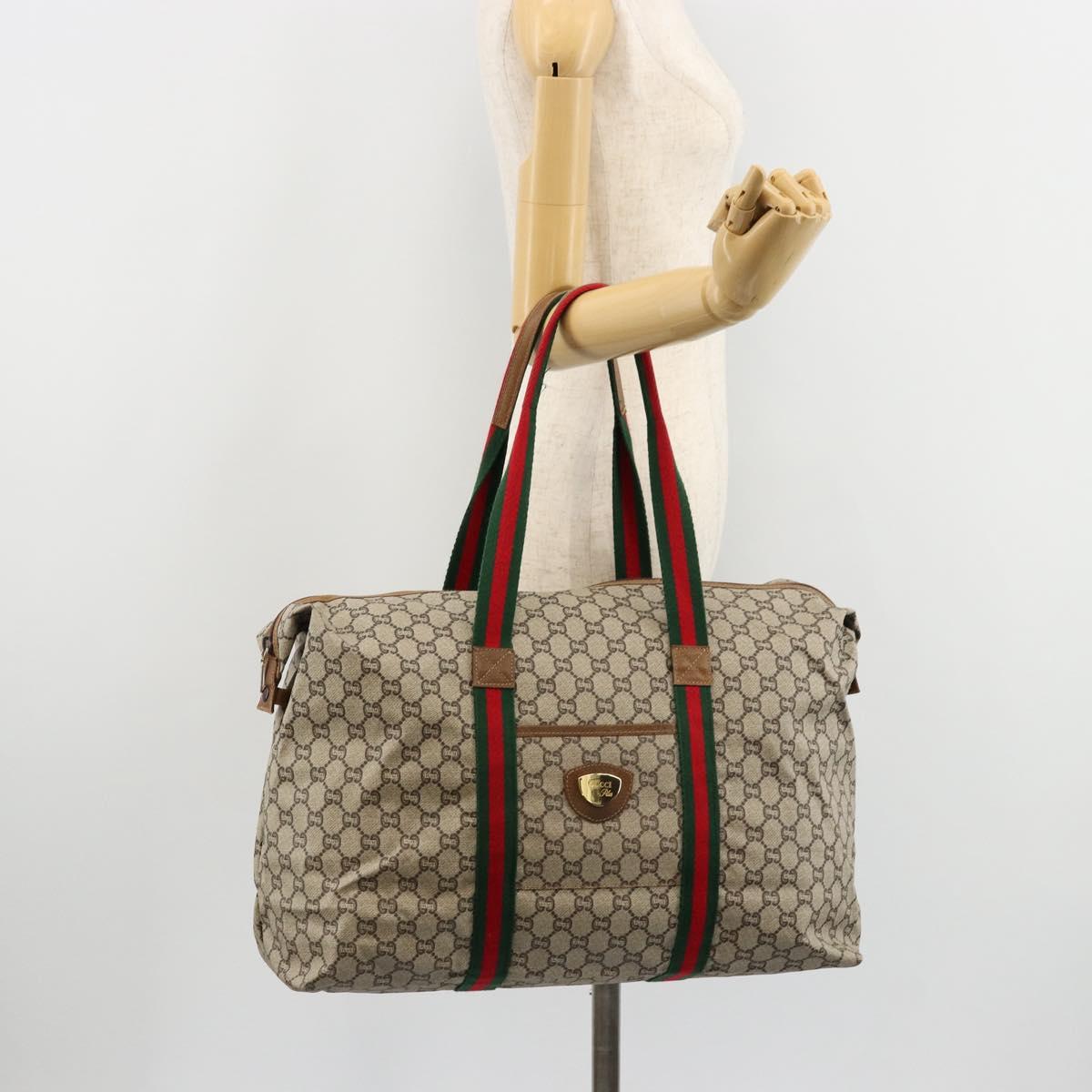GUCCI GG Plus Supreme Web Sherry Line Boston Bag PVC Beige Gold Auth 177468A