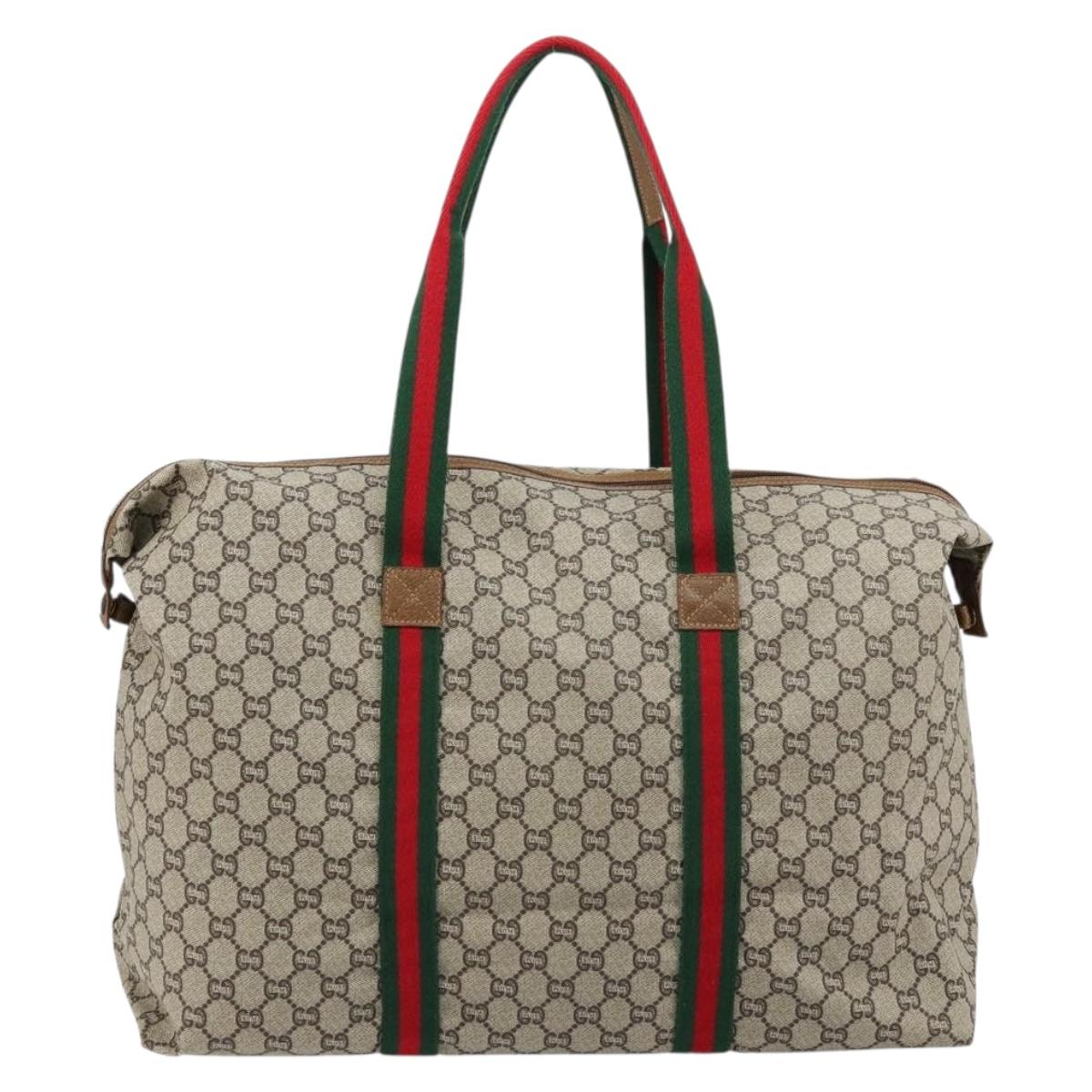 GUCCI GG Plus Supreme Web Sherry Line Boston Bag PVC Beige Gold Auth 177468A