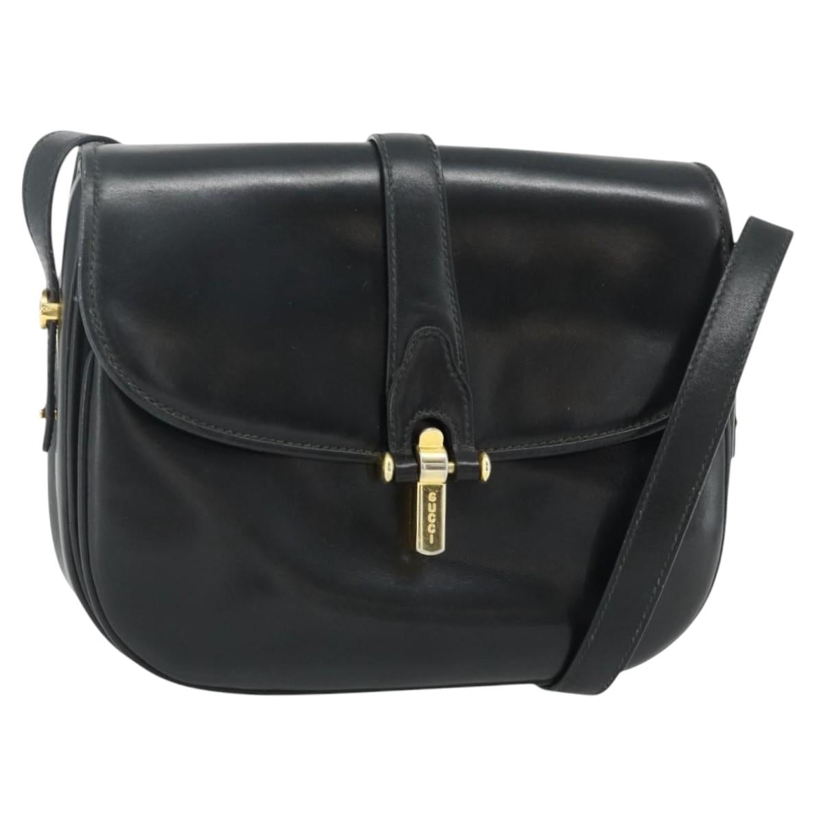GUCCI Shoulder Bag Leather Black Gold Auth 177470