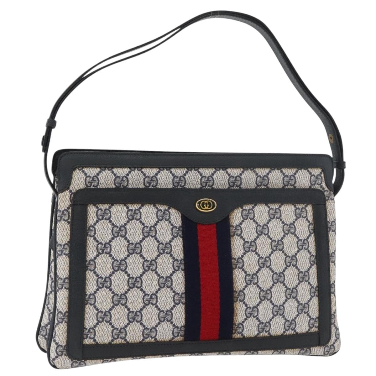 GUCCI GG Supreme Sherry Line Shoulder Bag PVC Navy Gold Auth 177472