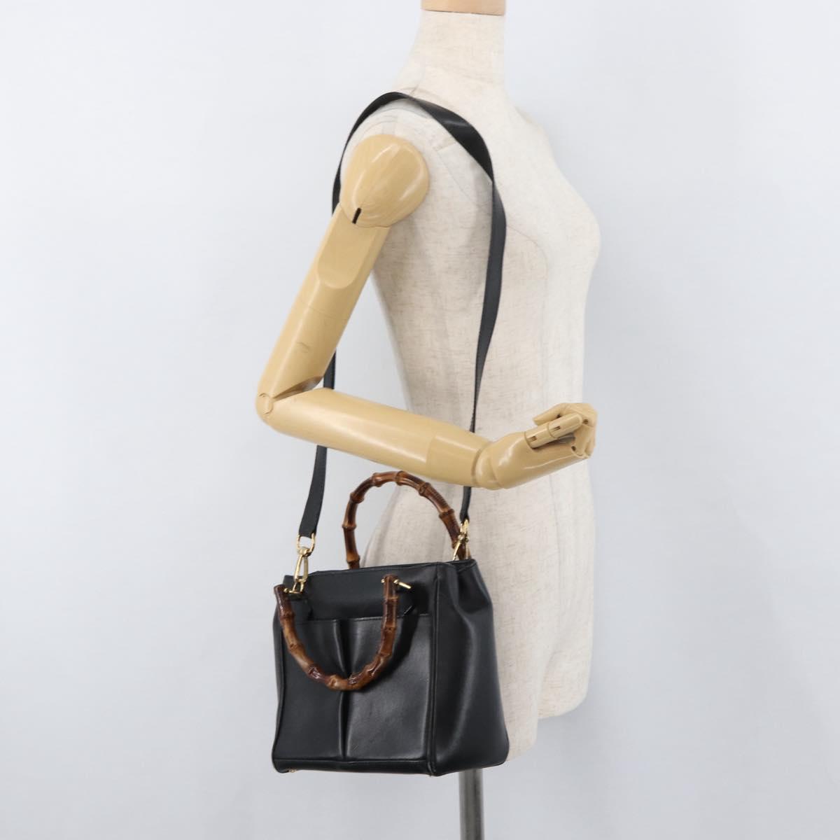 GUCCI Bamboo Hand Bag Leather 2way Black Gold Auth 177474