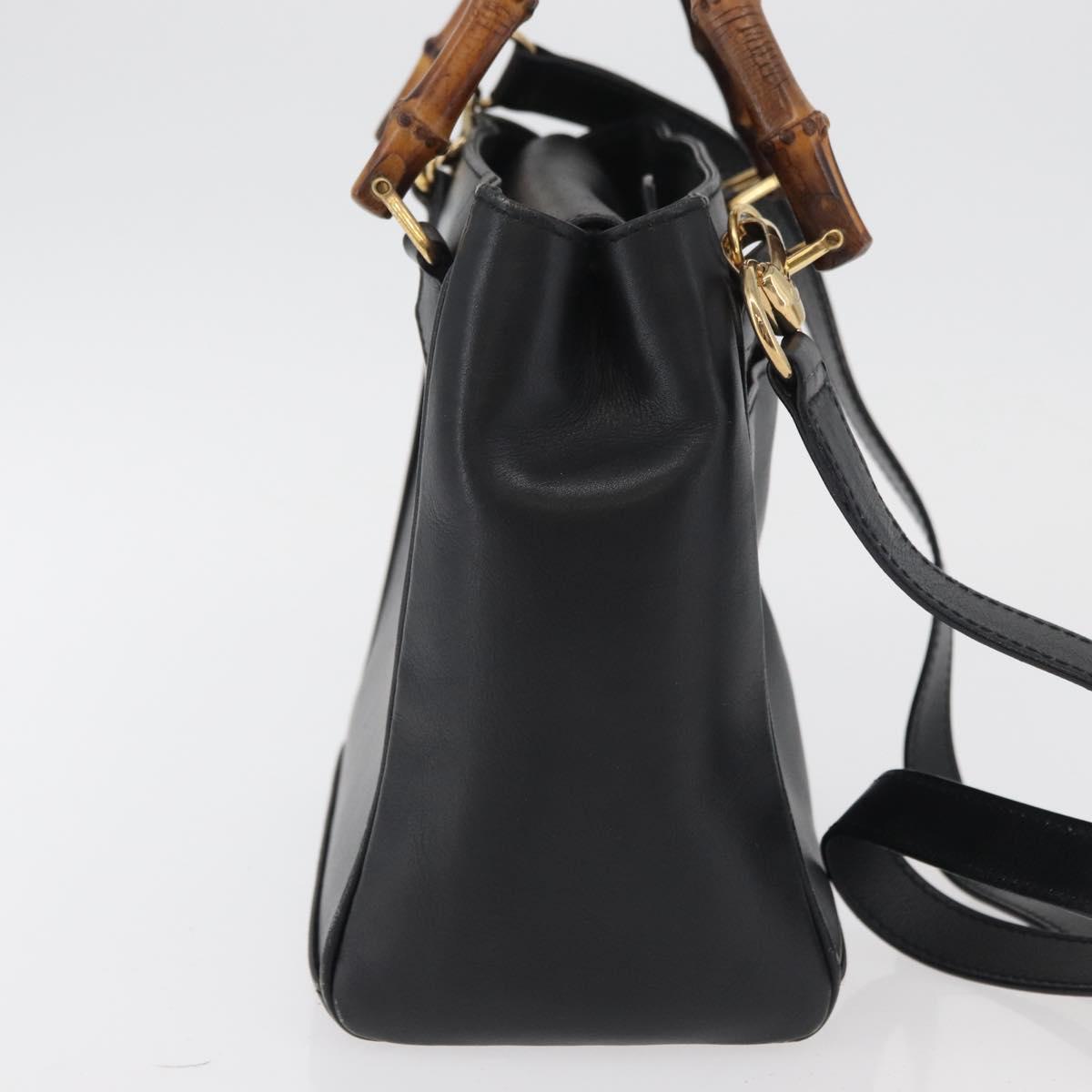 GUCCI Bamboo Hand Bag Leather 2way Black Gold Auth 177474