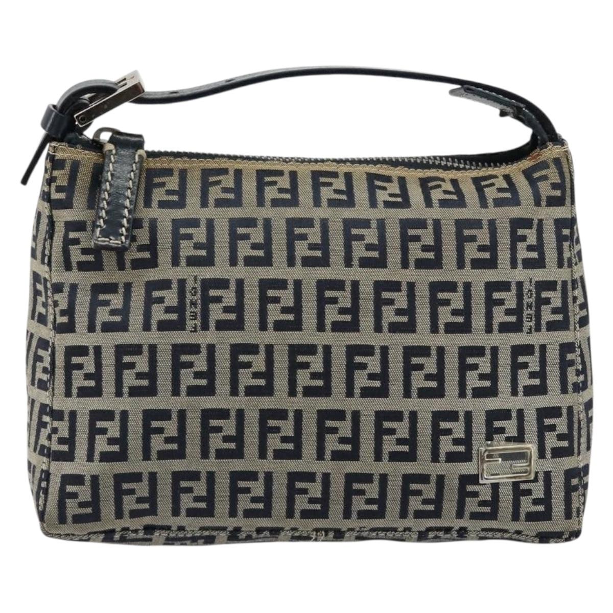 FENDI Zucchino Canvas Hand Pouch Bag Navy Silver Auth 177481