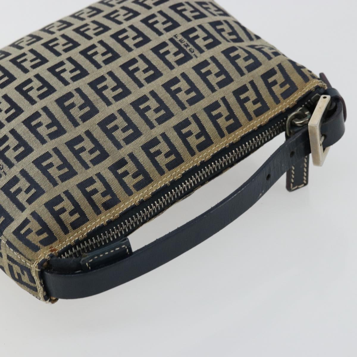 FENDI Zucchino Canvas Hand Pouch Bag Navy Silver Auth 177481