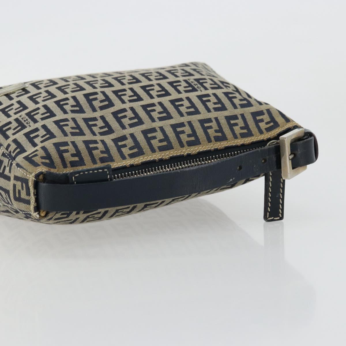 FENDI Zucchino Canvas Hand Pouch Bag Navy Silver Auth 177481