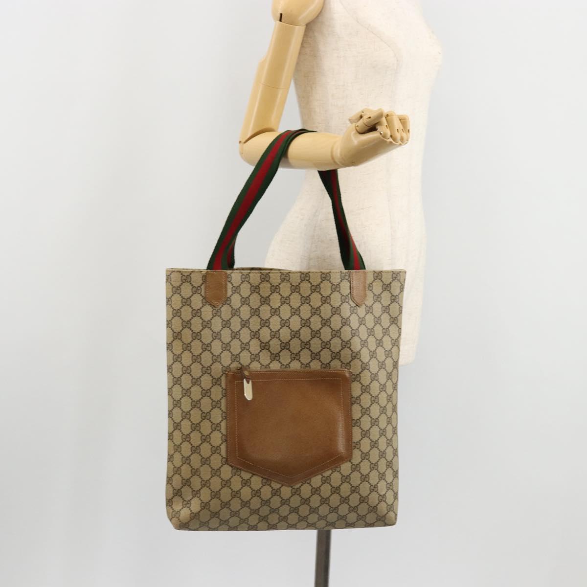 GUCCI GG Supreme Web Sherry Line Tote Bag PVC Beige Red Green Auth 177505