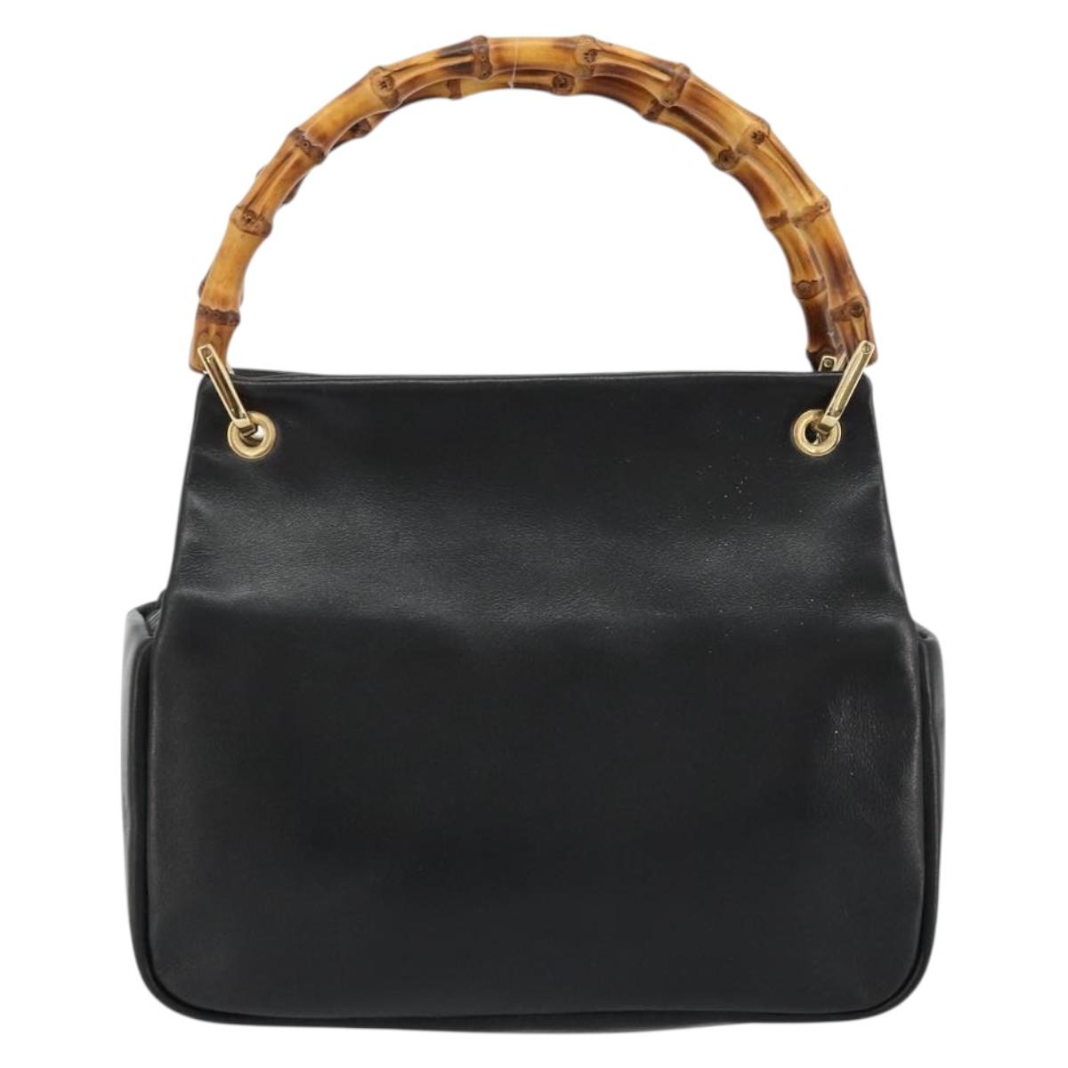 GUCCI Bamboo Hand Bag Leather Black Gold Auth 177513
