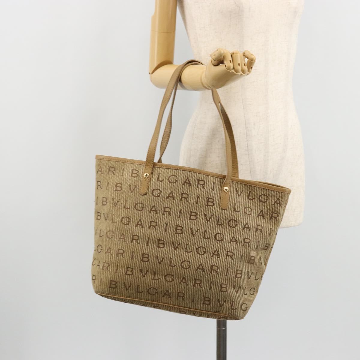 BVLGARI Logo Mania Tote Bag Canvas Beige Gold Auth 177518