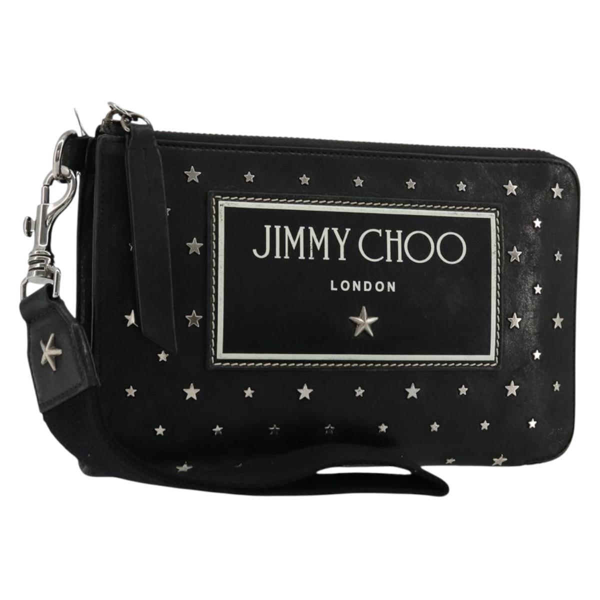 Jimmy Choo Clutch Bag Leather Black Silver Auth 177536