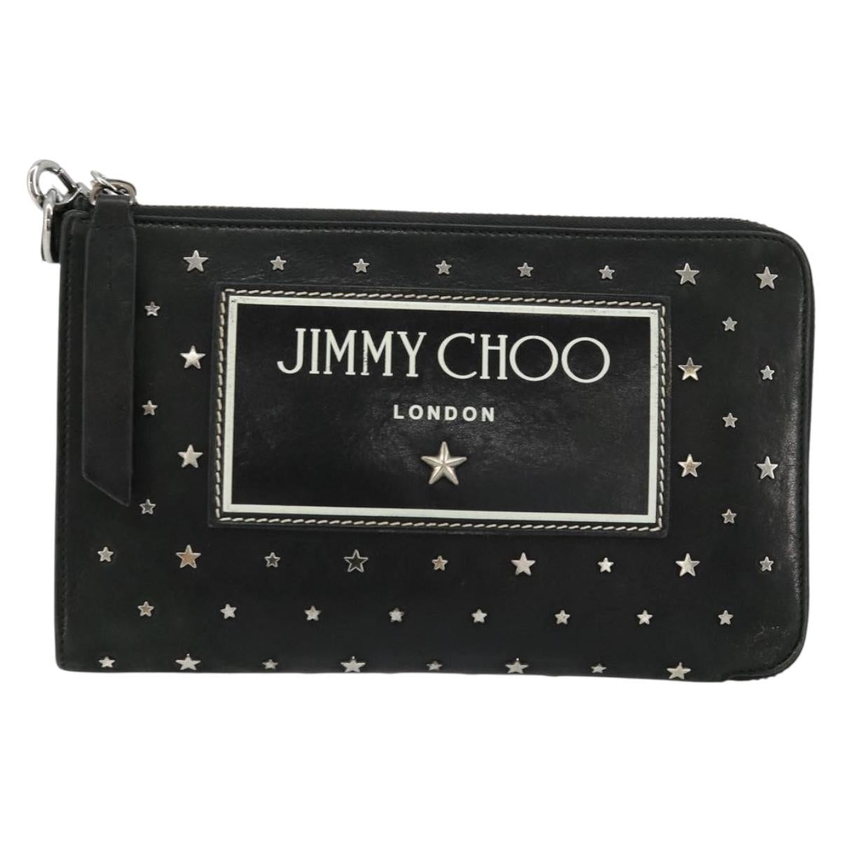 Jimmy Choo Clutch Bag Leather Black Silver Auth 177536
