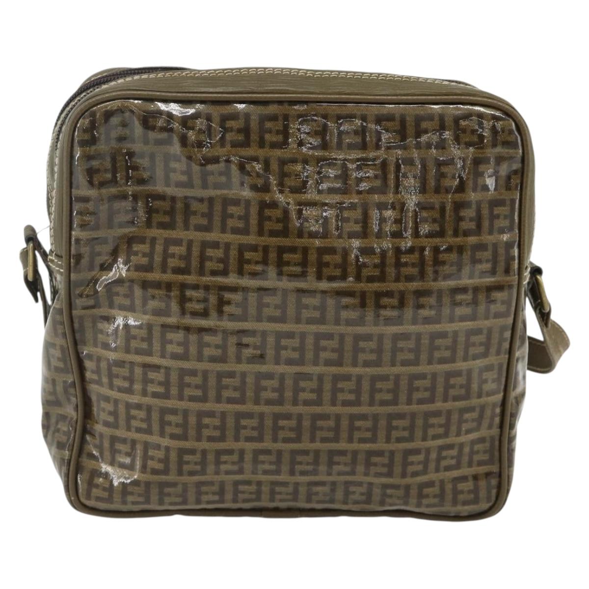 FENDI Zucchino Canvas Shoulder Bag Beige Gold Auth 177546
