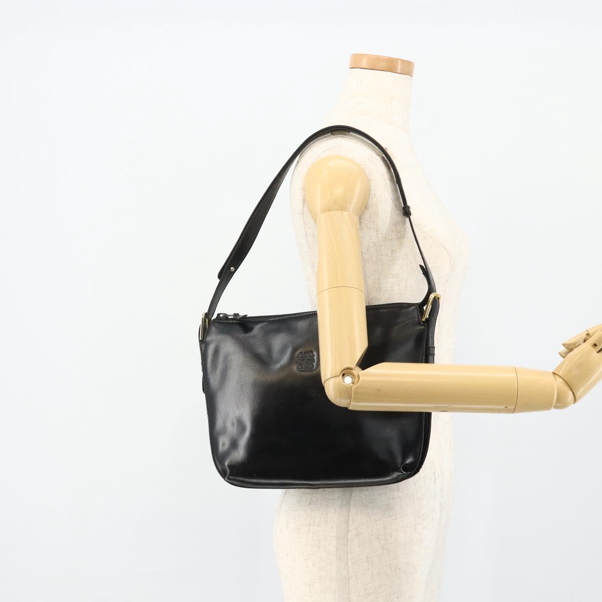 LOEWE Anagram Shoulder Bag Leather Black Gold Auth 177548