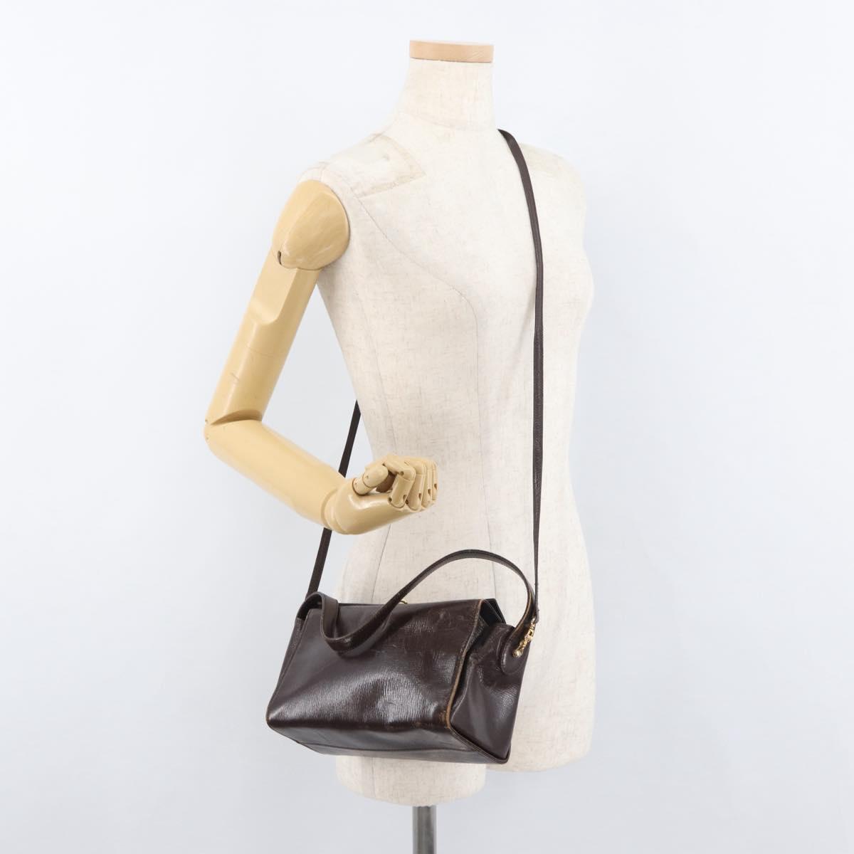 FENDI Hand Bag Leather 2way Brown Gold Auth 177573