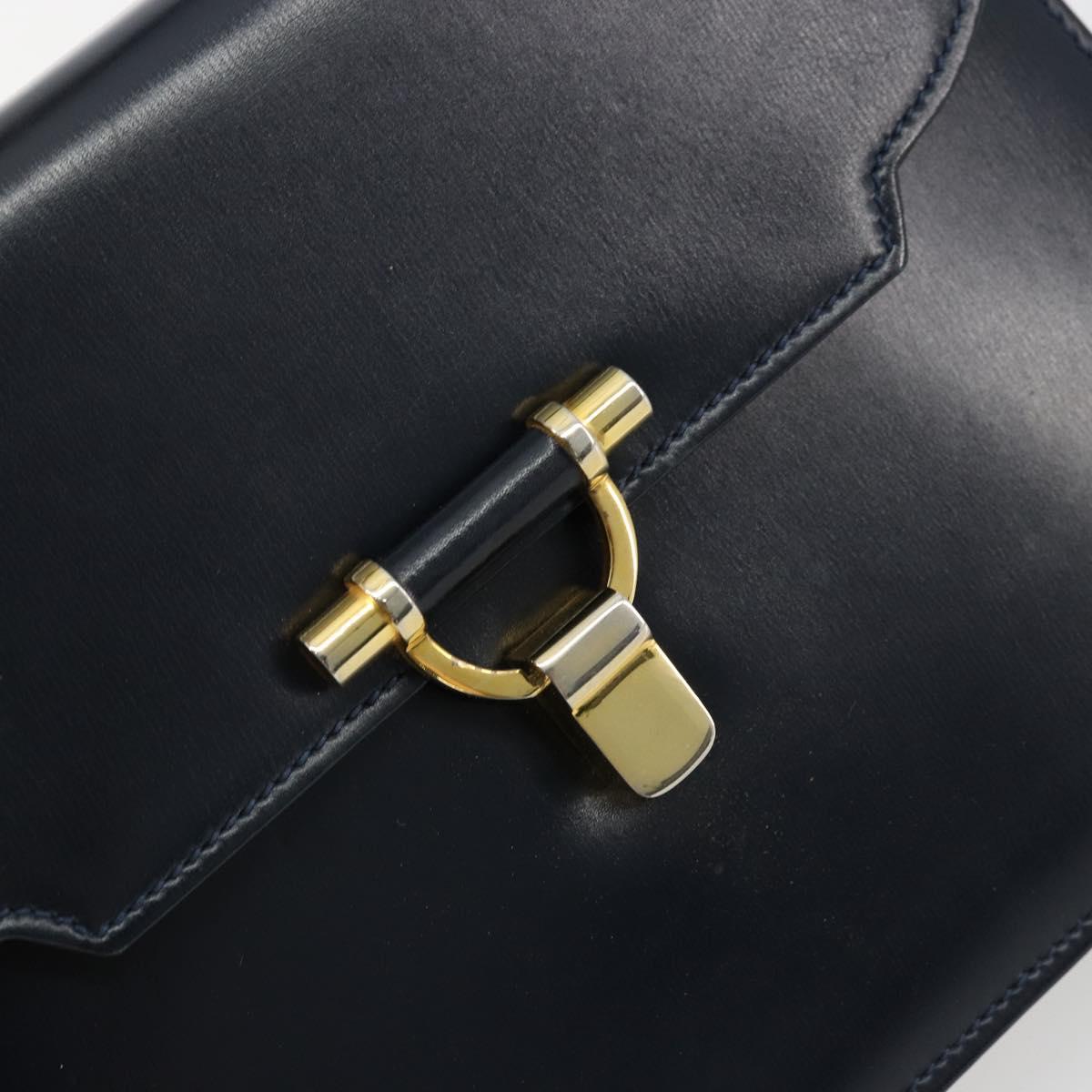 GUCCI Hand Bag Leather Navy Gold Auth 177606
