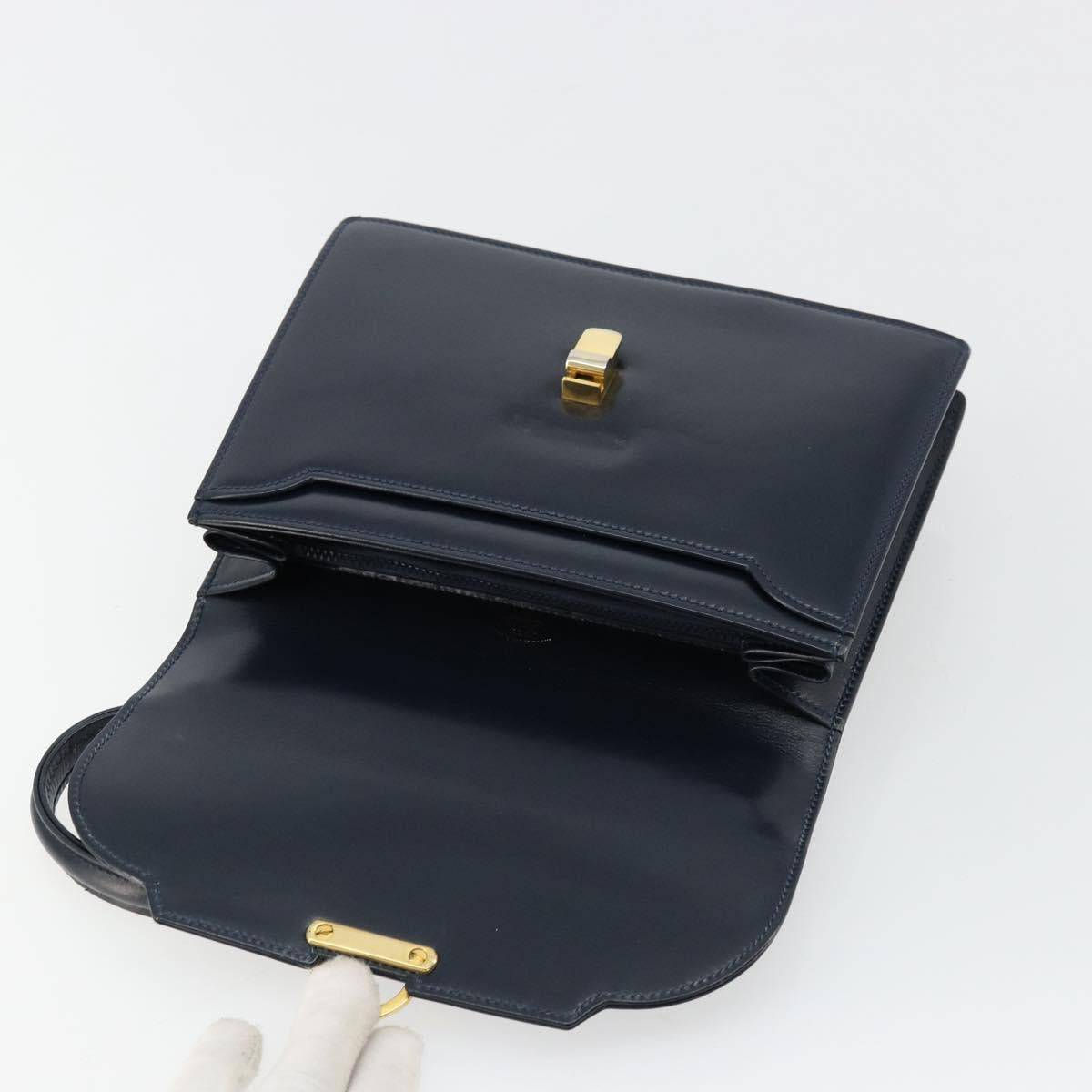 GUCCI Hand Bag Leather Navy Gold Auth 177606