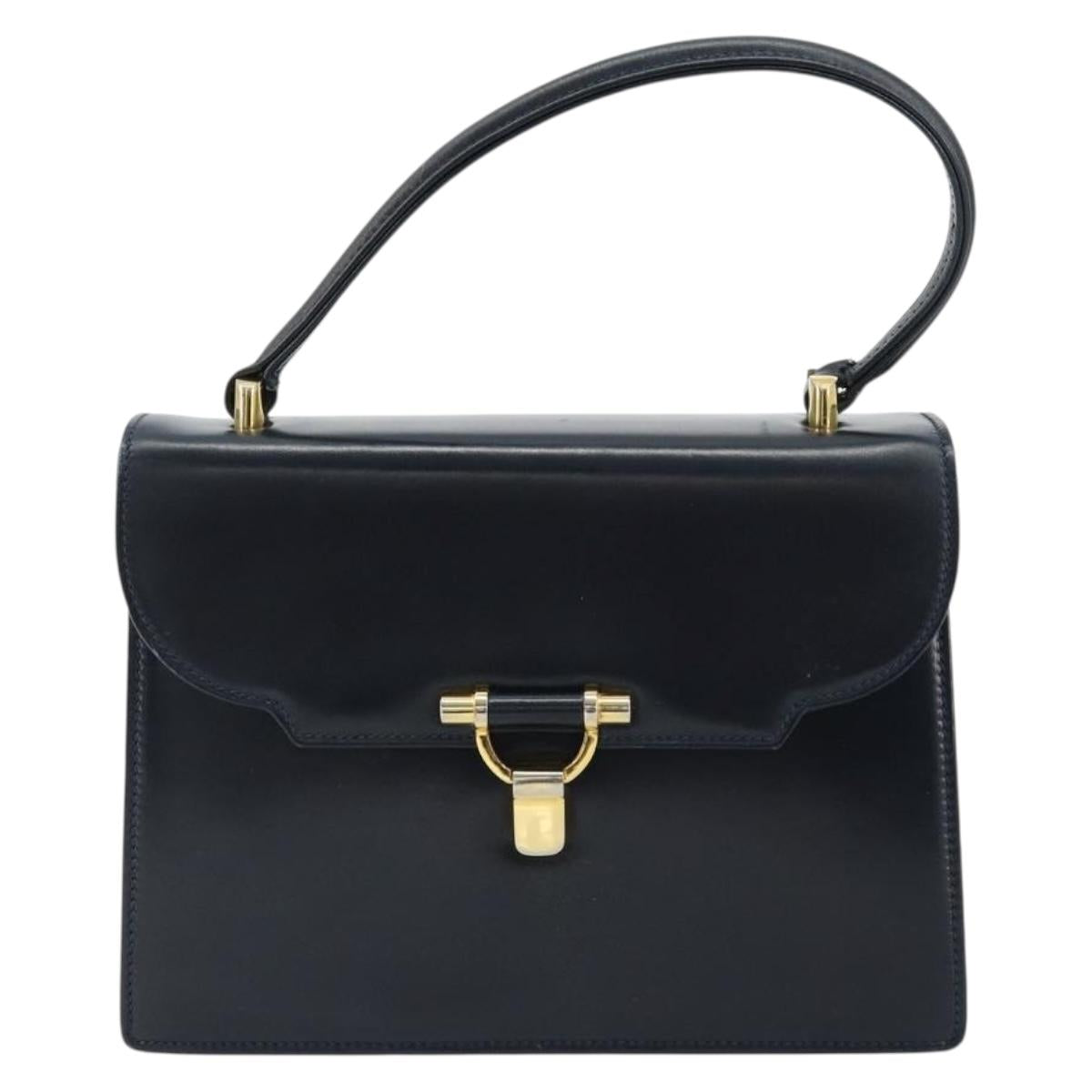 GUCCI Hand Bag Leather Navy Gold Auth 177606