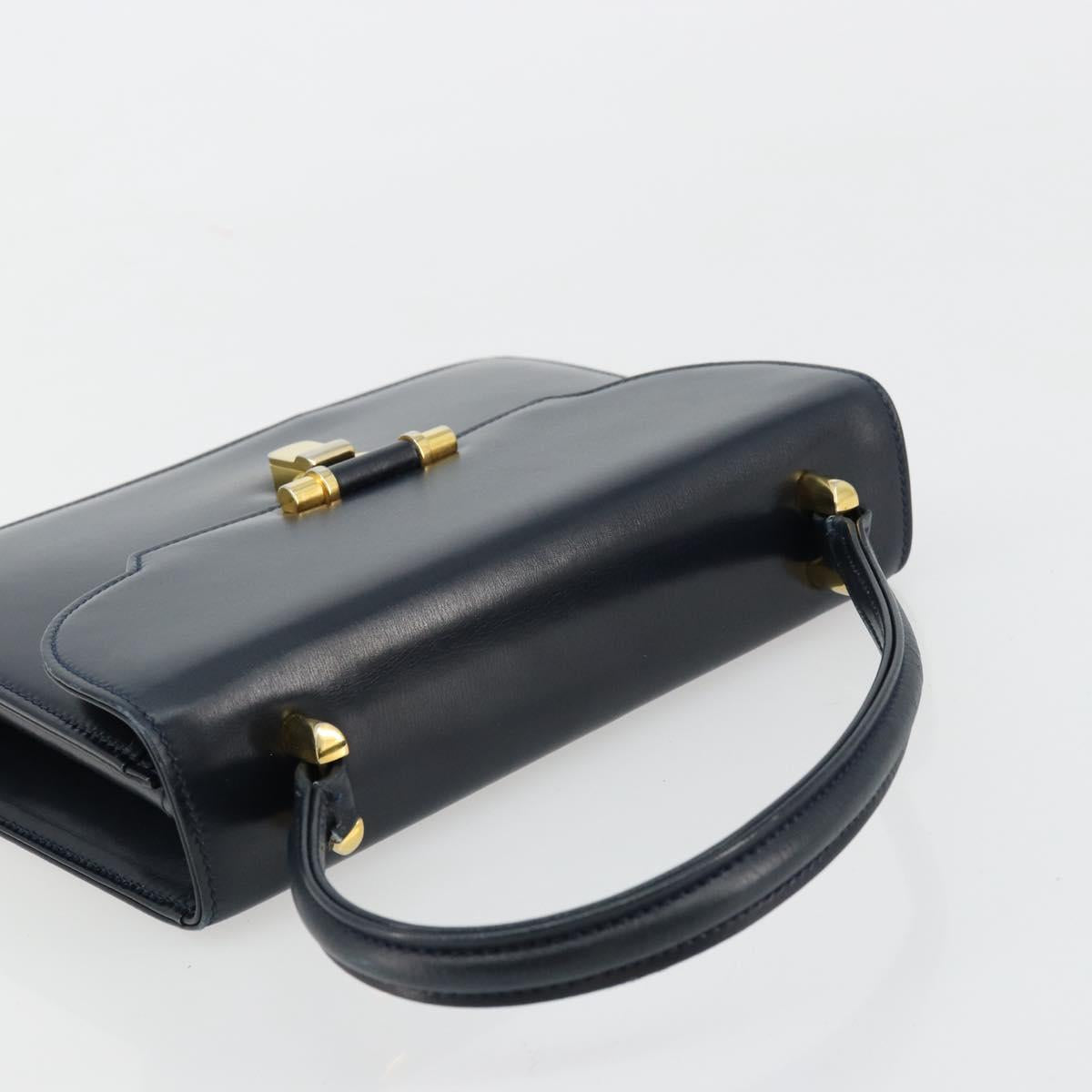 GUCCI Hand Bag Leather Navy Gold Auth 177606
