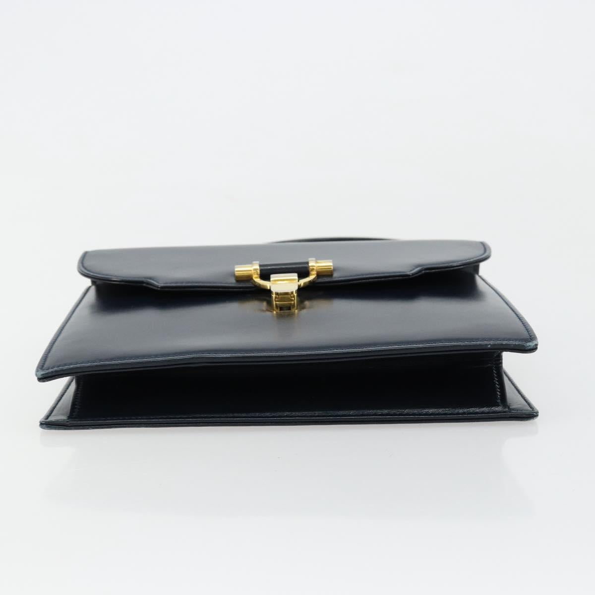 GUCCI Hand Bag Leather Navy Gold Auth 177606