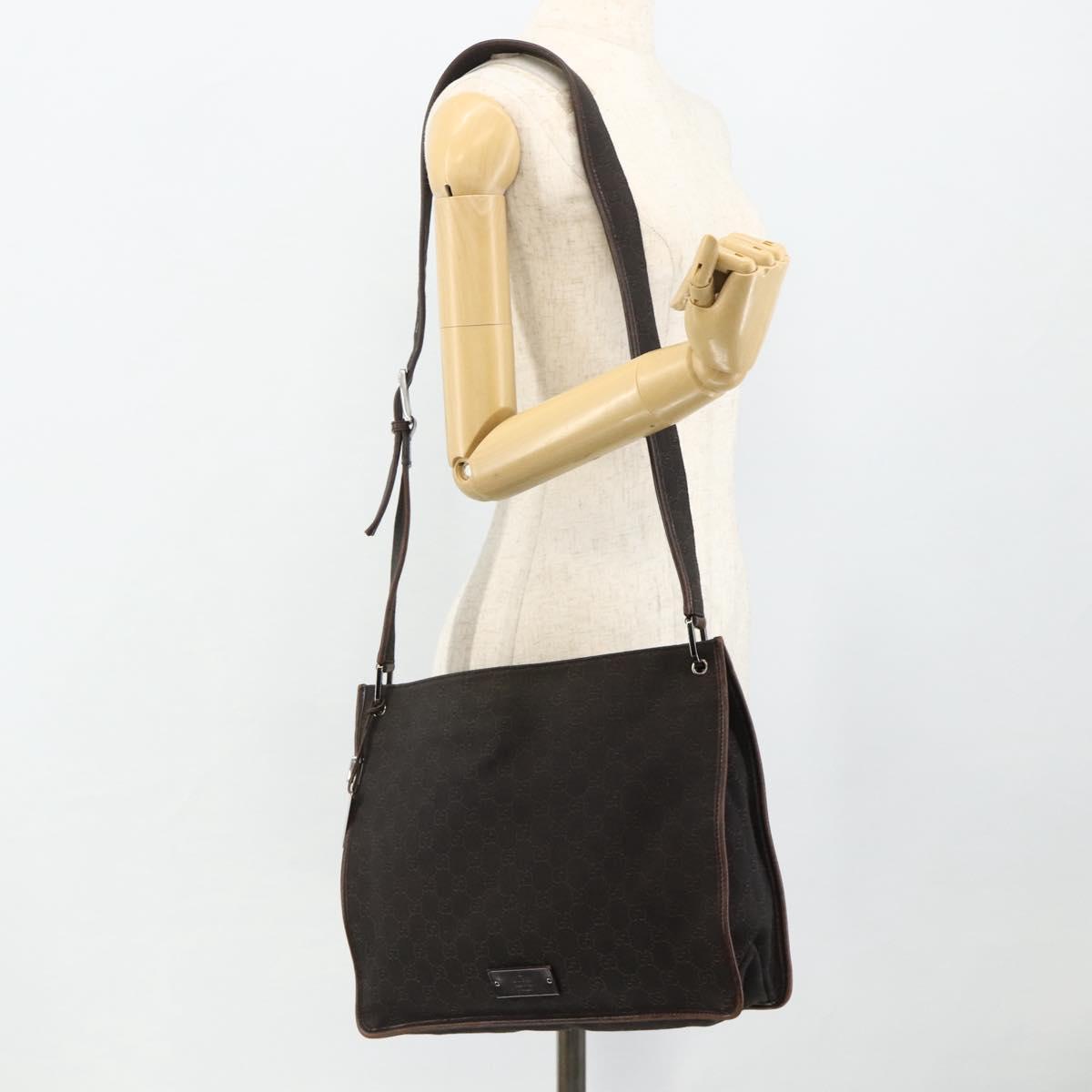 GUCCI GG Canvas Shoulder Bag Dark Brown Silver 90656 Auth 177610