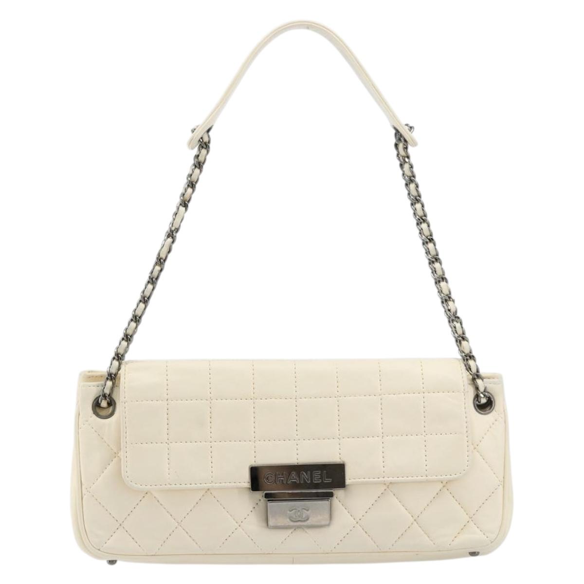 CHANEL Choco Bar Chain Shoulder Bag Lamb Skin White Silver CC Auth 177622