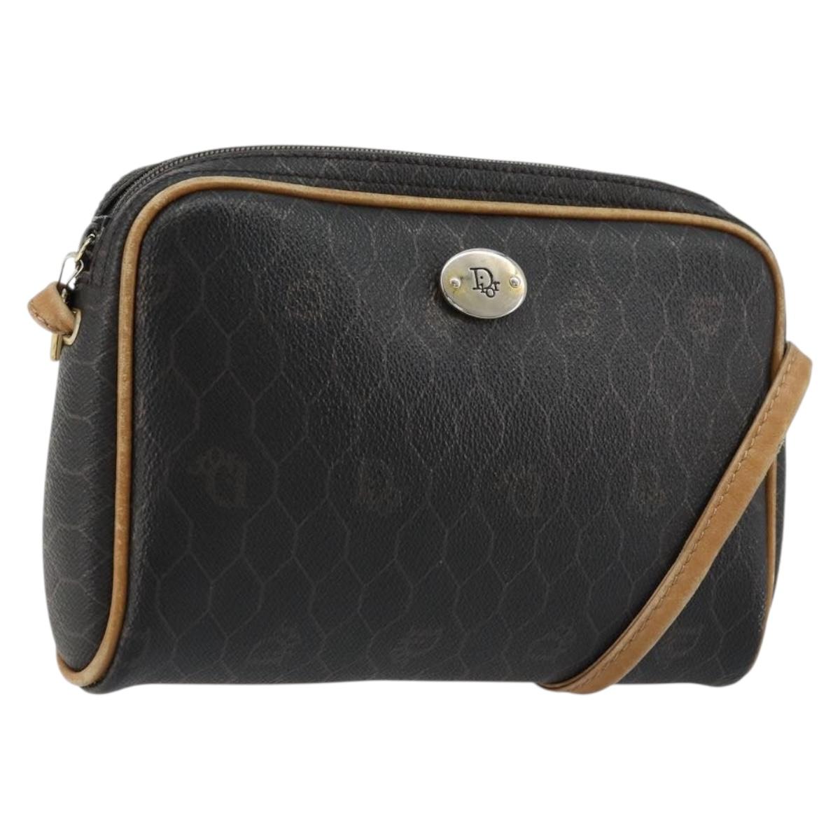Christian Dior Honeycomb Canvas Shoulder Bag PVC Black Gold Auth 177626