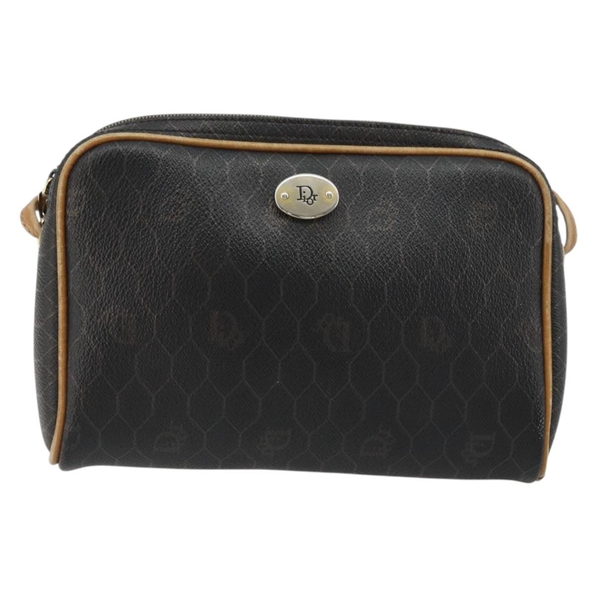 Christian Dior Honeycomb Canvas Shoulder Bag PVC Black Gold Auth 177626