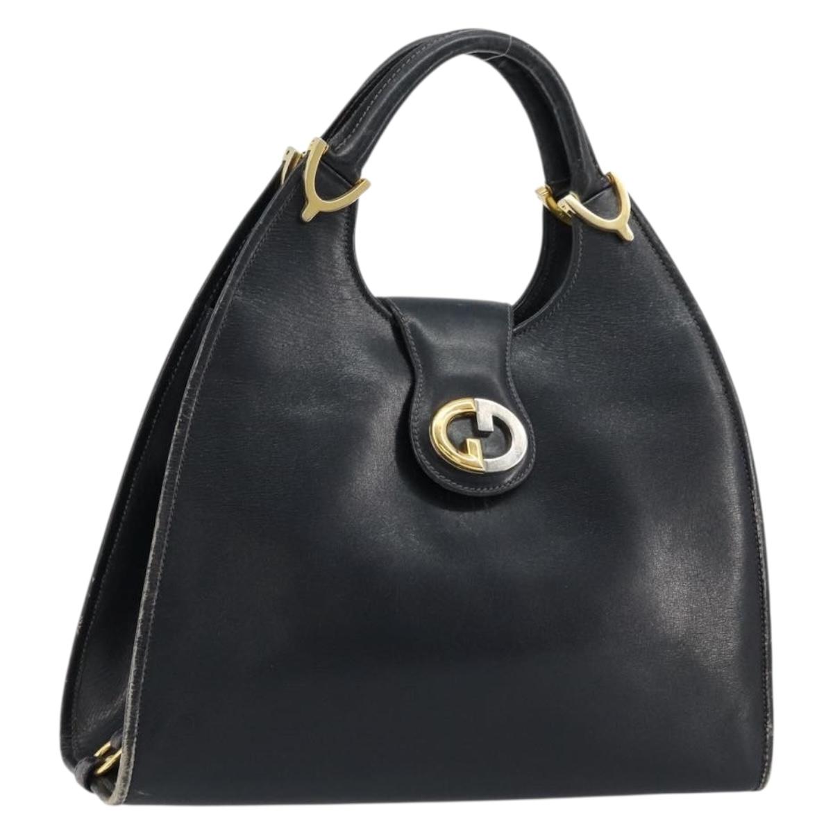 GUCCI Hand Bag Leather Navy Gold Auth 177664