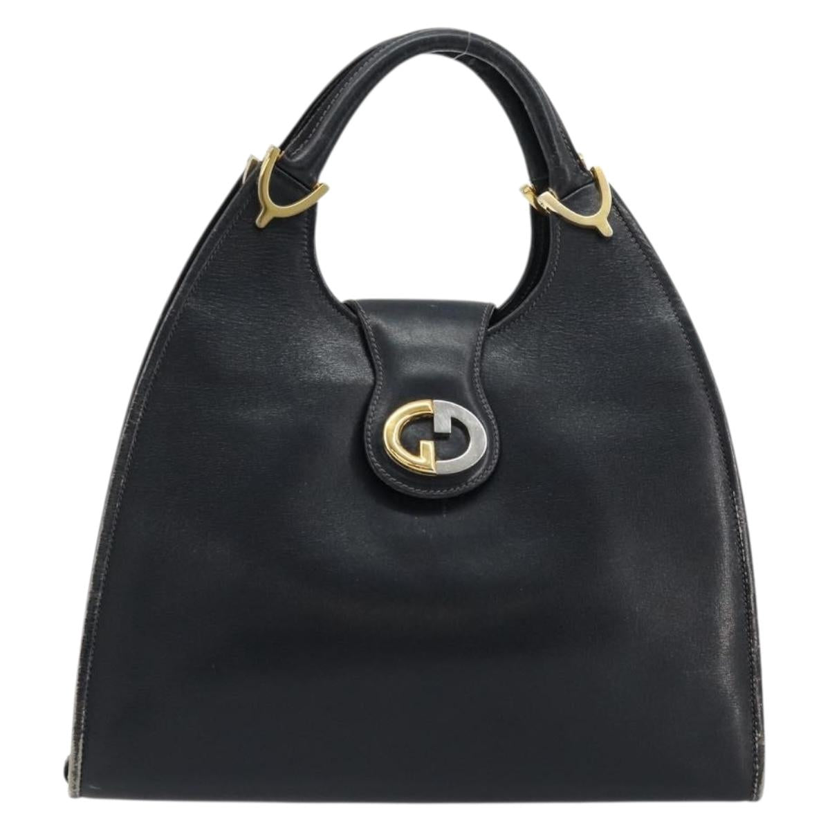 GUCCI Hand Bag Leather Navy Gold Auth 177664