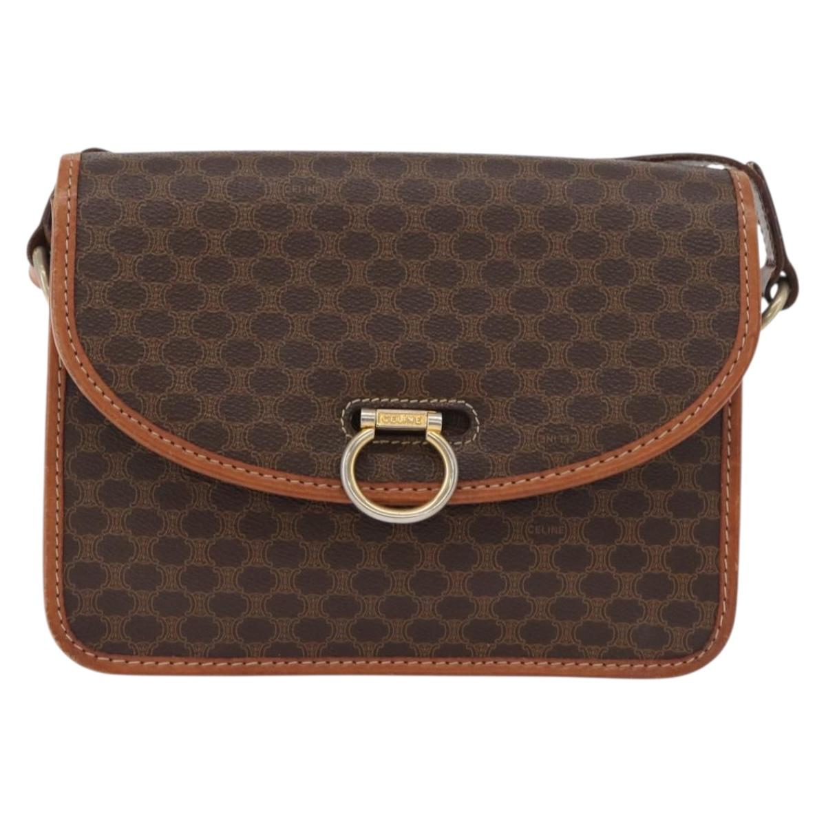 CELINE Macadam Canvas Shoulder Bag PVC Leather Brown Gold Auth 177673A