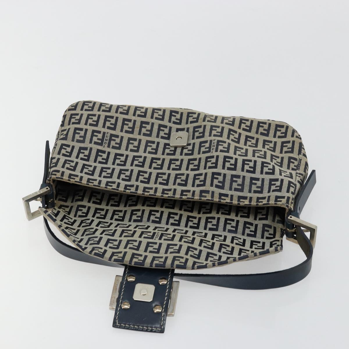 FENDI Zucchino Canvas Mamma Baguette Shoulder Bag Navy Silver Auth 177677A