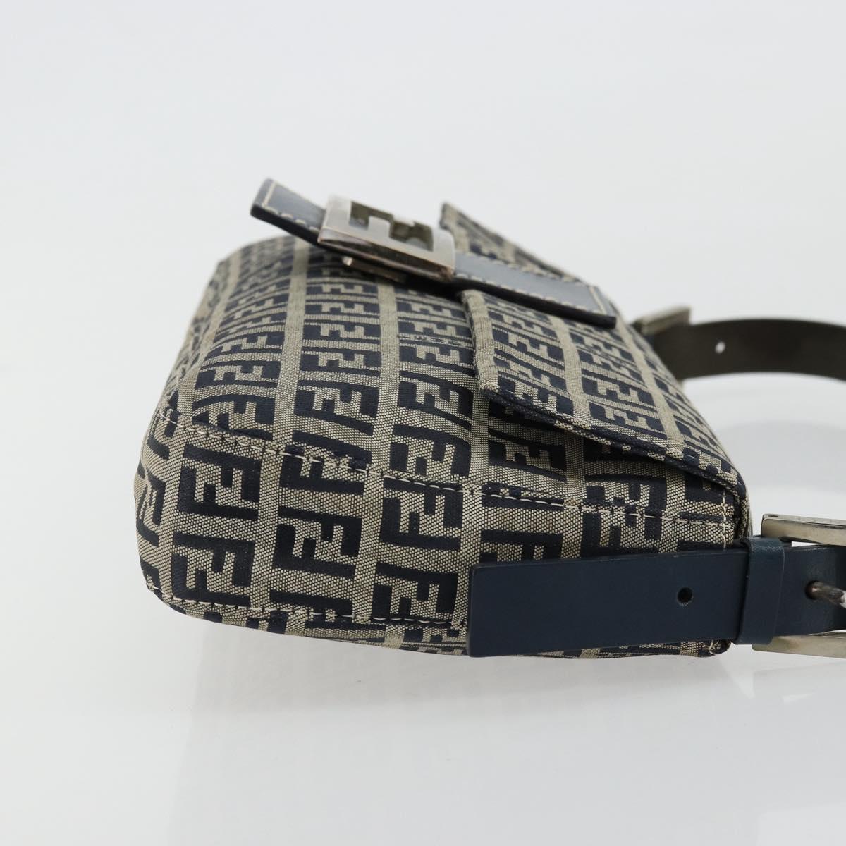 FENDI Zucchino Canvas Mamma Baguette Shoulder Bag Navy Silver Auth 177677A