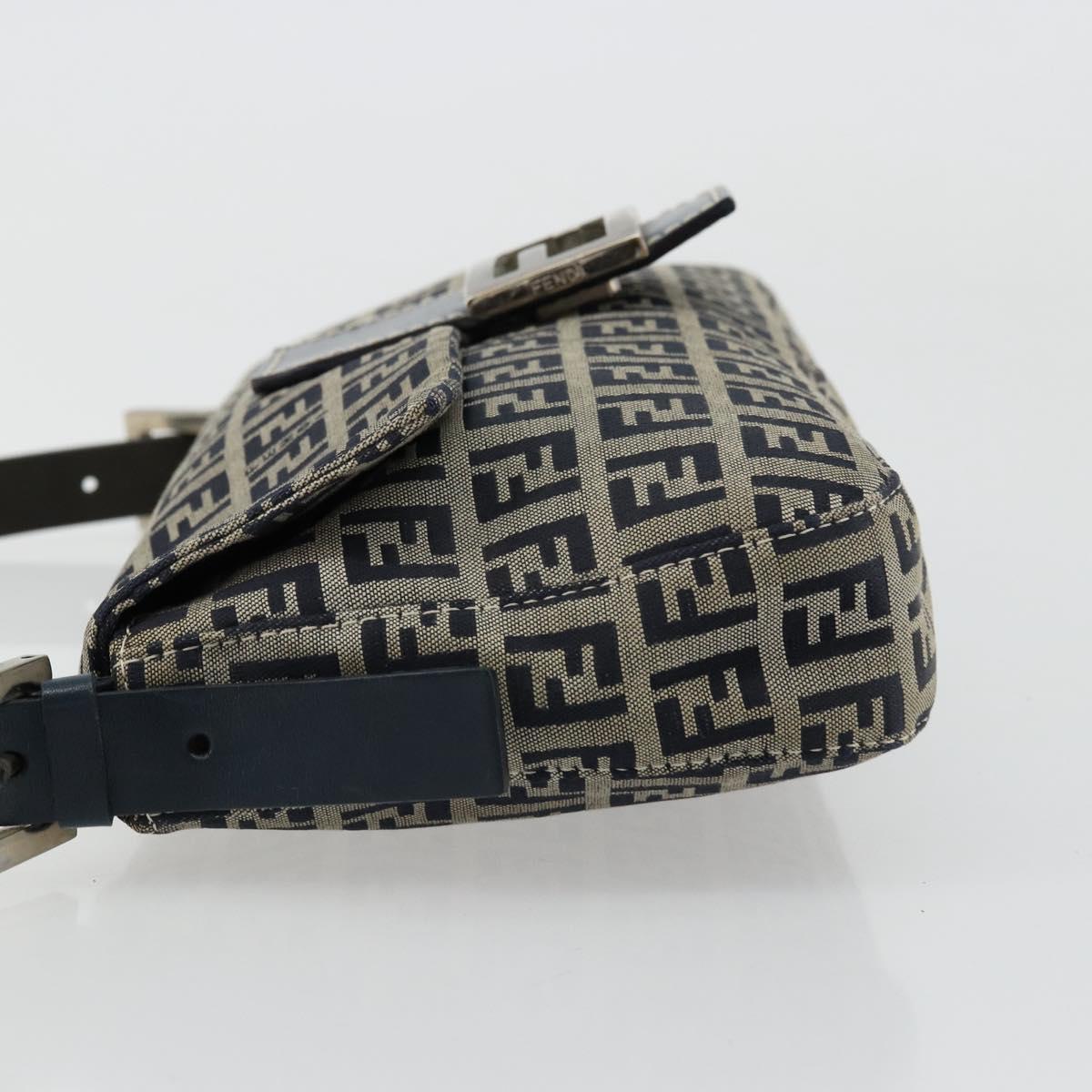 FENDI Zucchino Canvas Mamma Baguette Shoulder Bag Navy Silver Auth 177677A