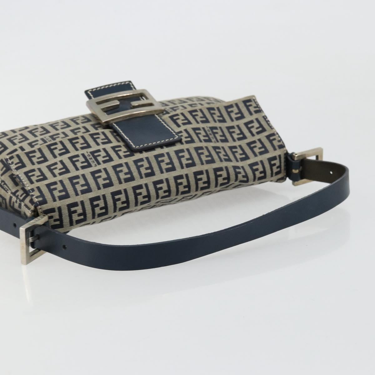 FENDI Zucchino Canvas Mamma Baguette Shoulder Bag Navy Silver Auth 177677A