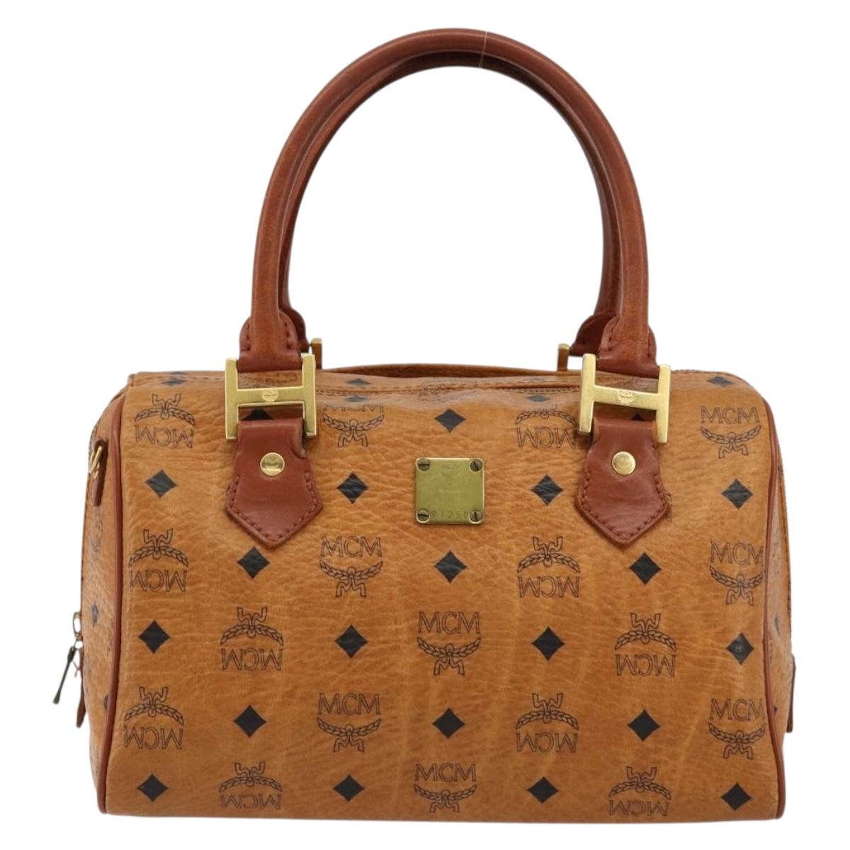 MCM Logogram Vicetos Boston Bag PVC Brown Gold Auth 177680