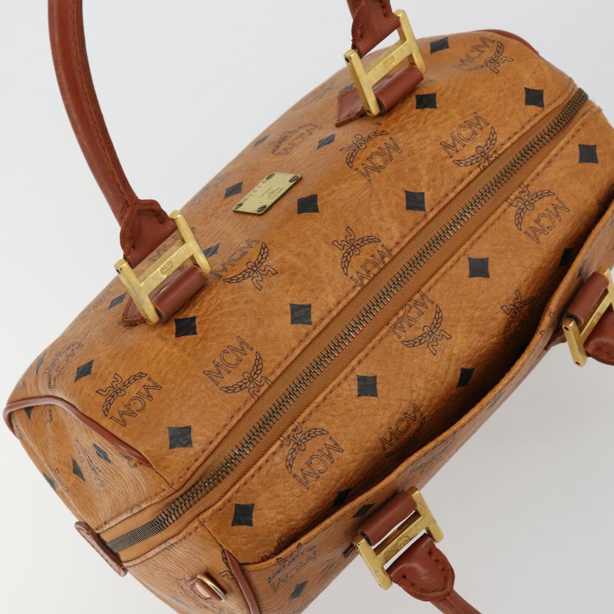 MCM Logogram Vicetos Boston Bag PVC Brown Gold Auth 177680